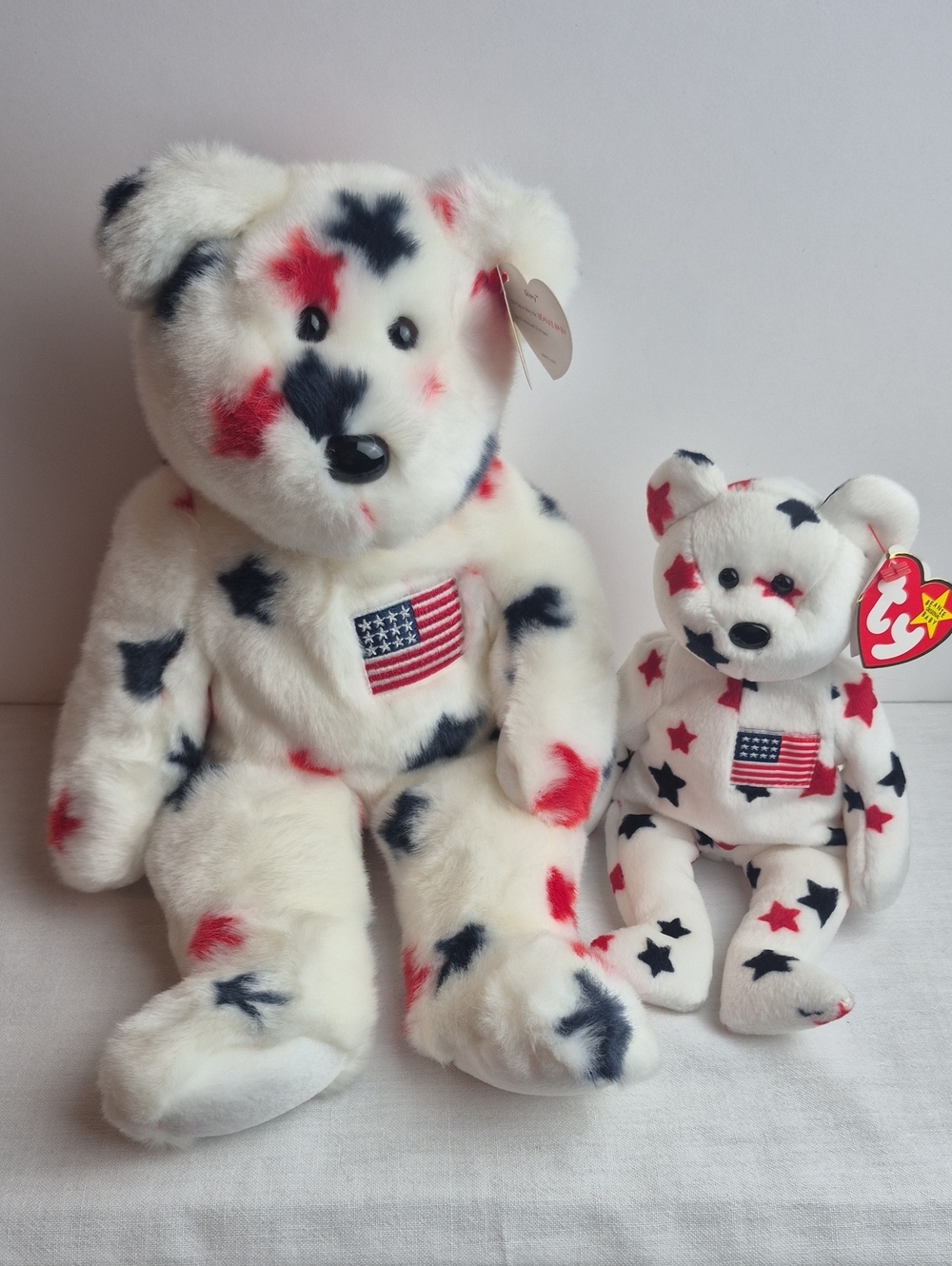Ty Beanie Buddy And Baby "Glory" Bear White with Red & Blue Stars